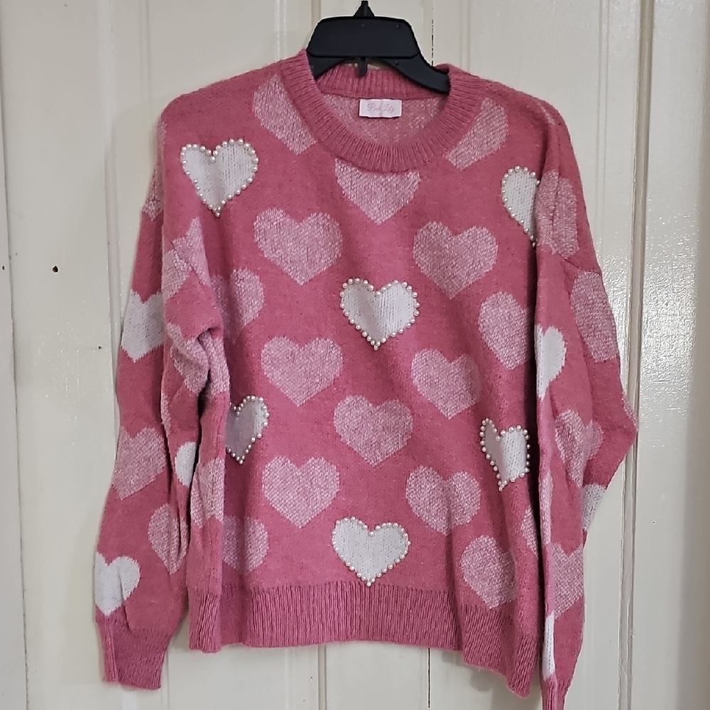 Pink Lily Pink and White Heart Sweater